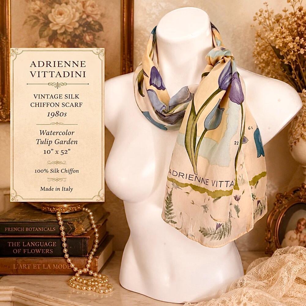 Vintage Adrienne Vittadini Silk Chiffon Scarf 80s Watercolor Tulip Garden 12x52